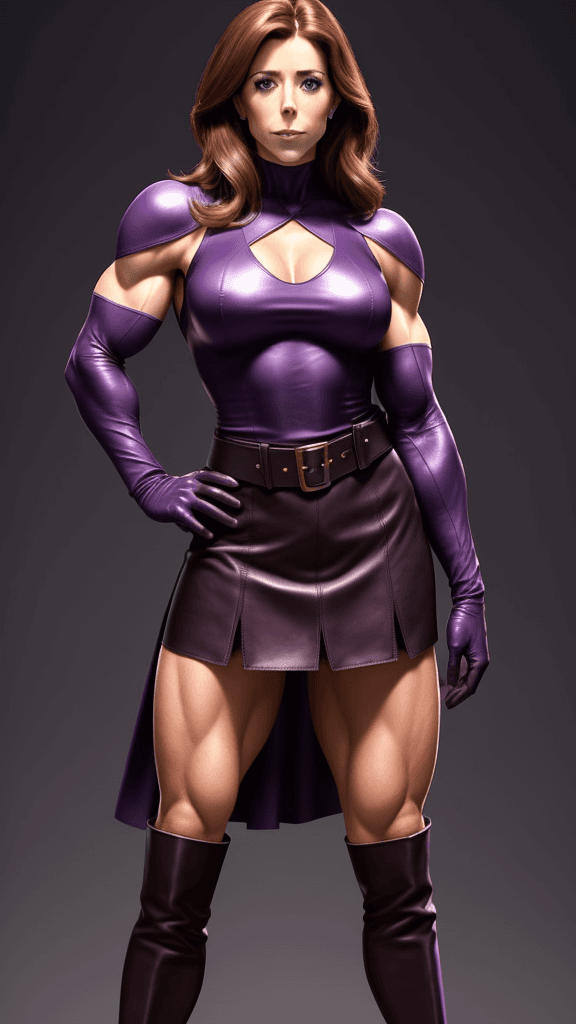 AI generated: Princess Mary as strong muscular woman, toned biceps, wears dark purple Leather skirt, dark purple L...
