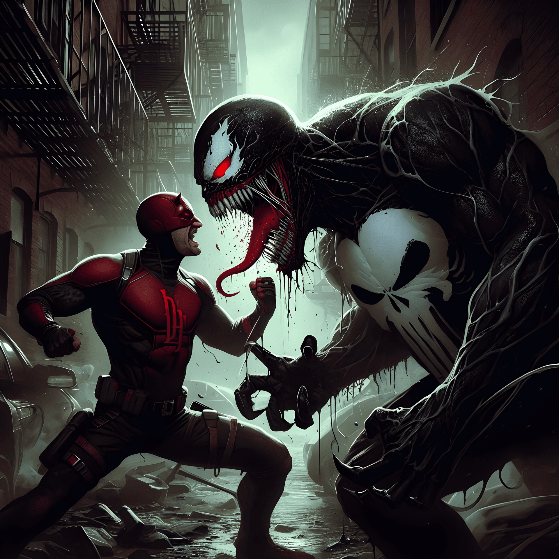 AI generated: Digital illustration depicting Daredevil locked in an alleyway brawl against the Punisher, both look...