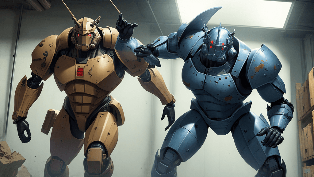 AI generated: 
Secret laboratory, armored warriors in investigations, action, force 
