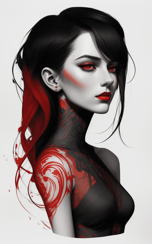 AI generated: stunning half body portrait of a beautiful young stoic elegant, black and red colors, minimalism, de...