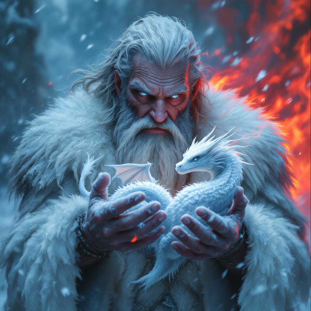 AI generated:  An ancient, weathered man with a thick, frost-covered beard and white fur cloak holds a small, whit...