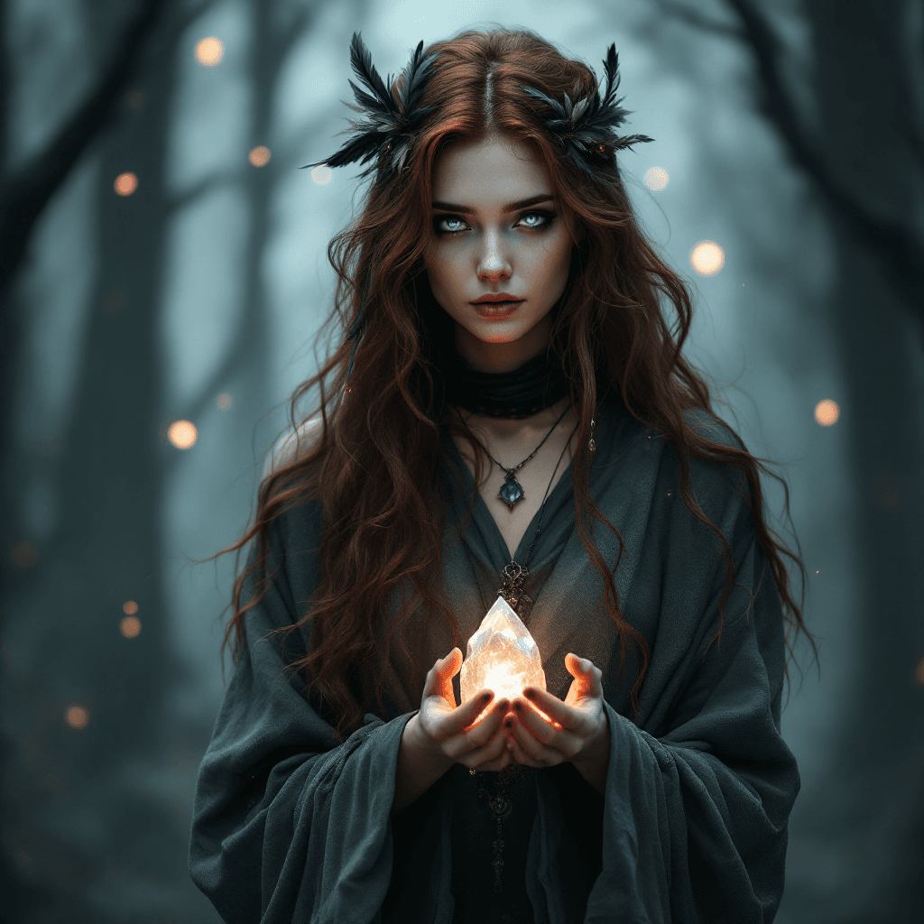 AI generated: The Spirit Channeler of the Whispering Woods: An enigmatic medium with long, dark auburn hair, style...