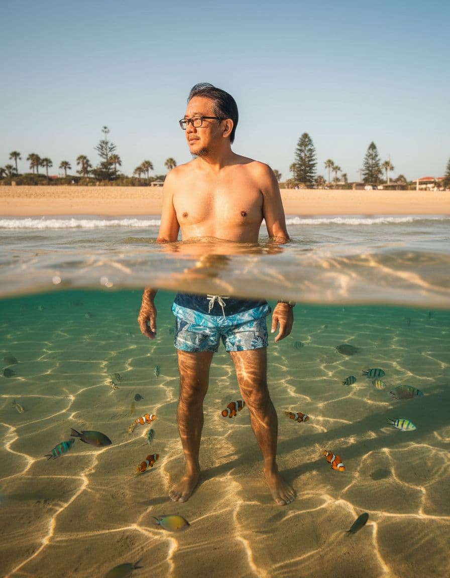 AI generated: Ultra-photorealistic 8K DSLR photo of the uploaded middle age man, wearing a swimsuit, standing in t...