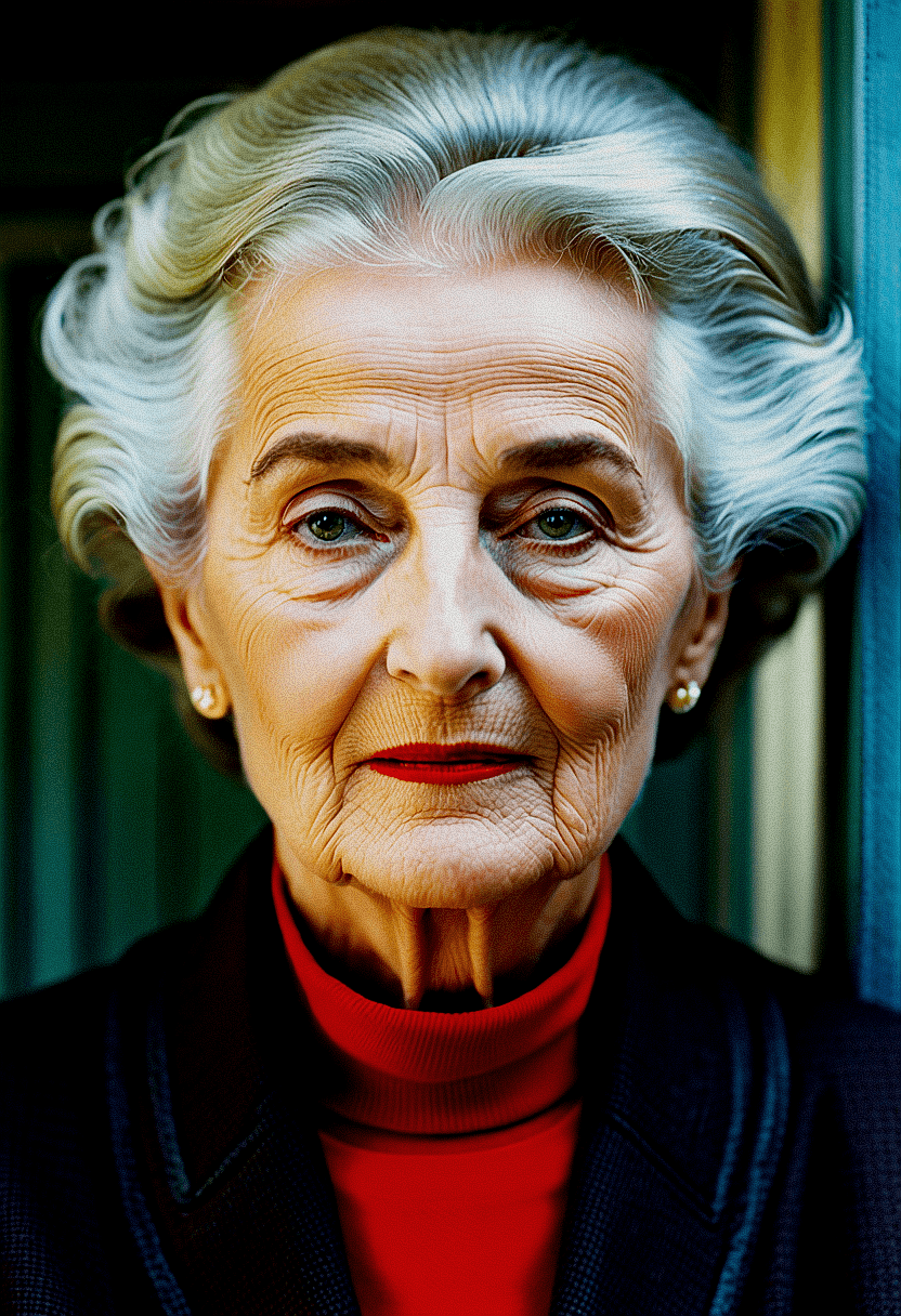 AI generated: The image features an older woman with short, curly hair, wearing a red shirt and a black jacket. Sh...