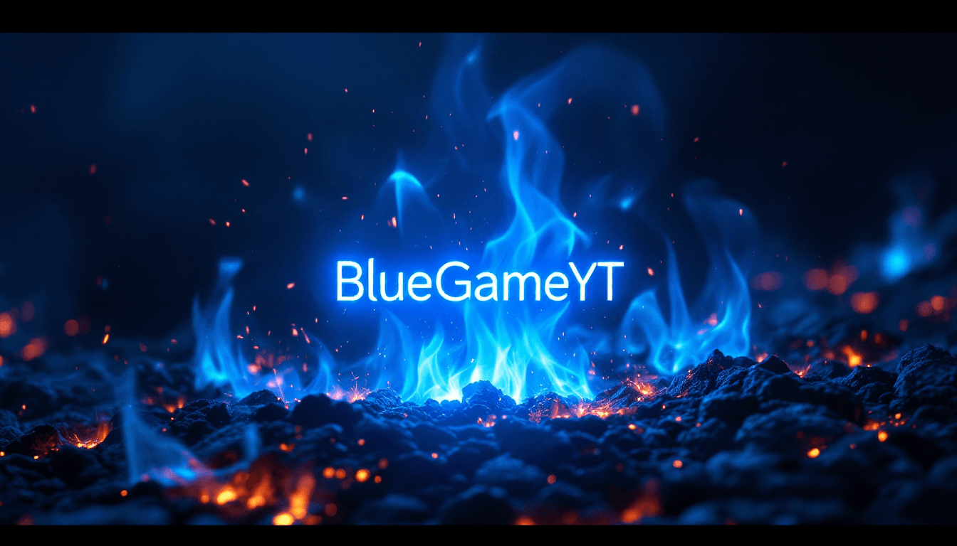 AI generated: render, text "BlueGameYT", blue color, blue flames, bright light emanating from center, high contras...
