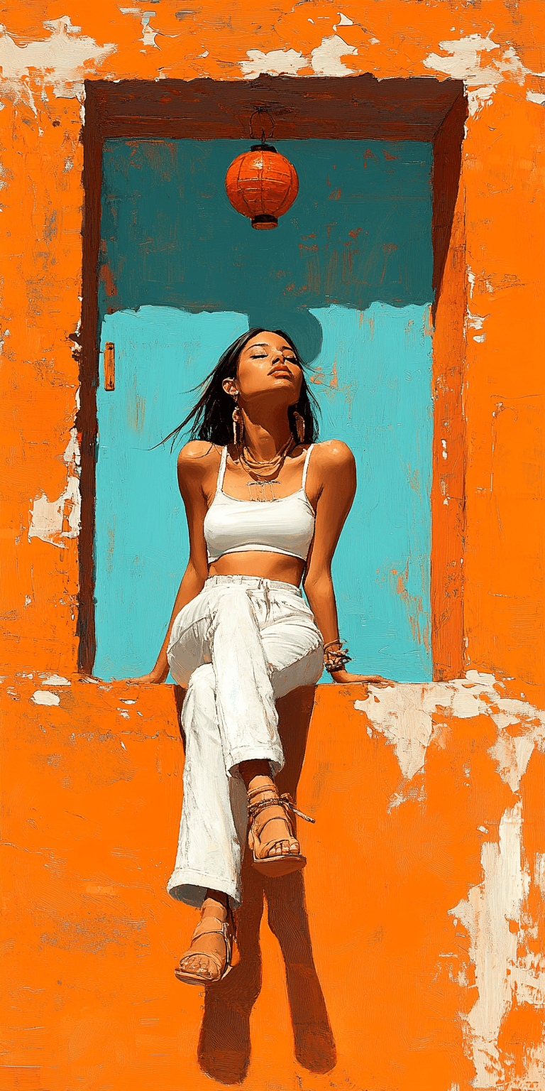 AI generated: oil painting of woman sitting on an orange chair, wearing a white top and pants, against an orange b...