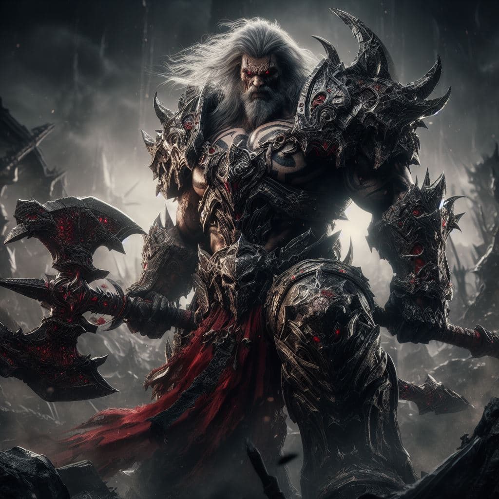 AI generated: Capture the original Sion in a hyper-realistic photograph set amidst a dark and ominous battlefield....