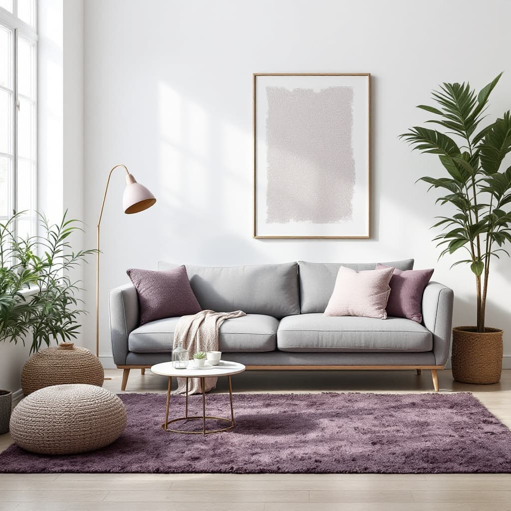 AI generated: A comfortable grey sofa in a bright, minimalist living room with purple-colored textured rugs and de...