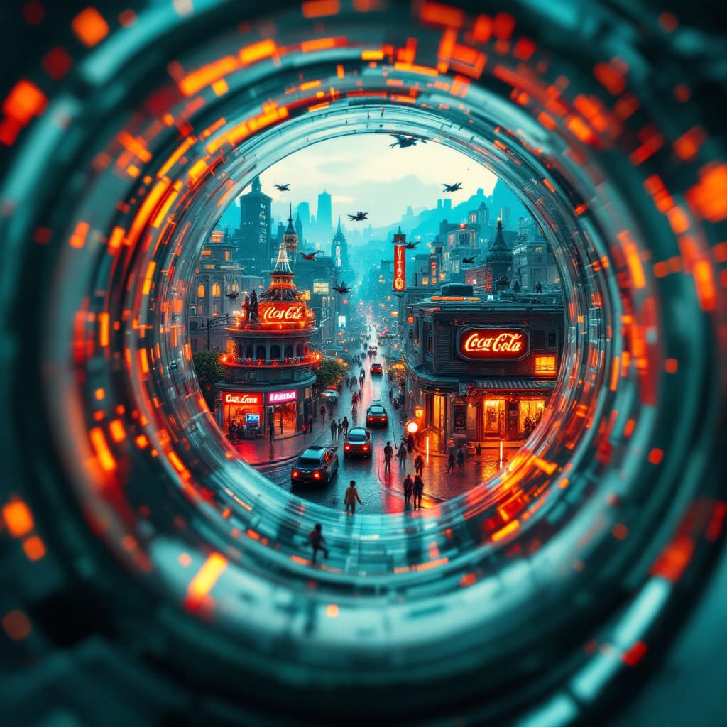 AI generated: Create a surreal and highly detailed 8k image viewed through the top of an old Coca Cola bottle. Fro...