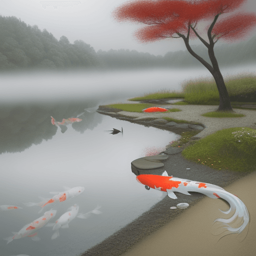 AI generated: painted picture, a koi carp sitting on the shore of a lake and fishing, slightly rainy weather, fog