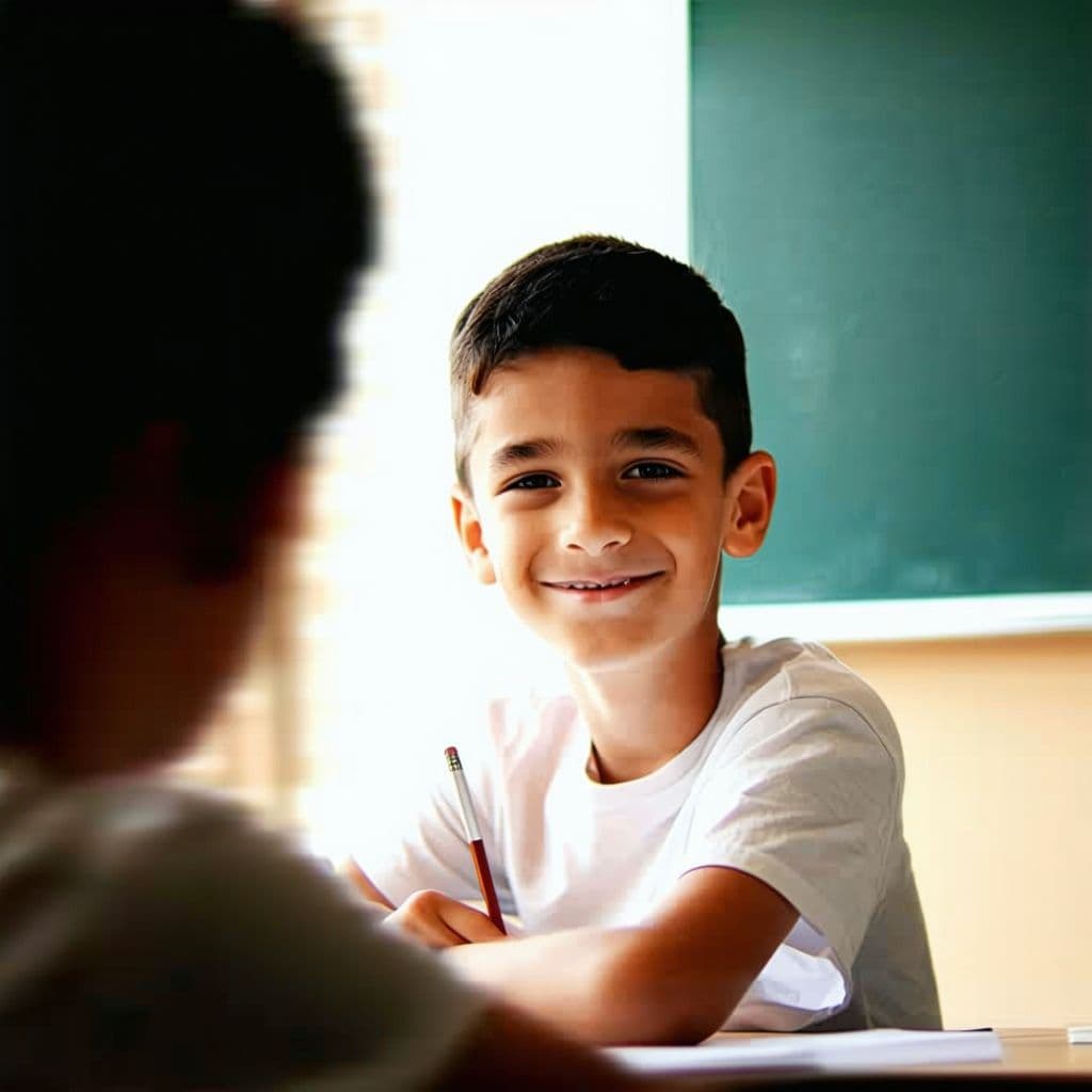 AI generated: "1 boy, solo, sitting in a school room, half body  style, determined yet smilling 
 expression, sha...
