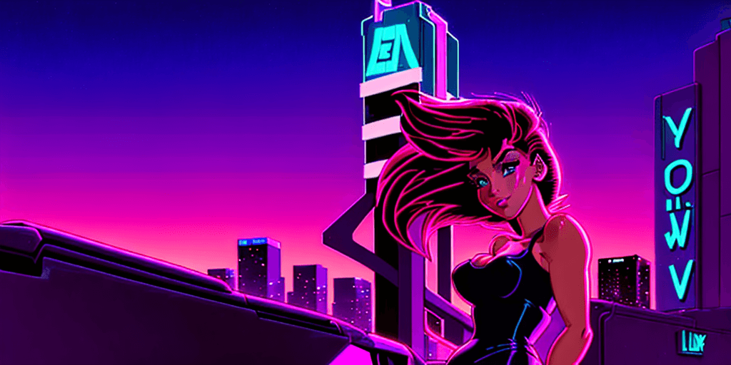 AI generated: A synthwave girl in Los Angeles at night, Synthwave aesthetic. Art by Don Bluth