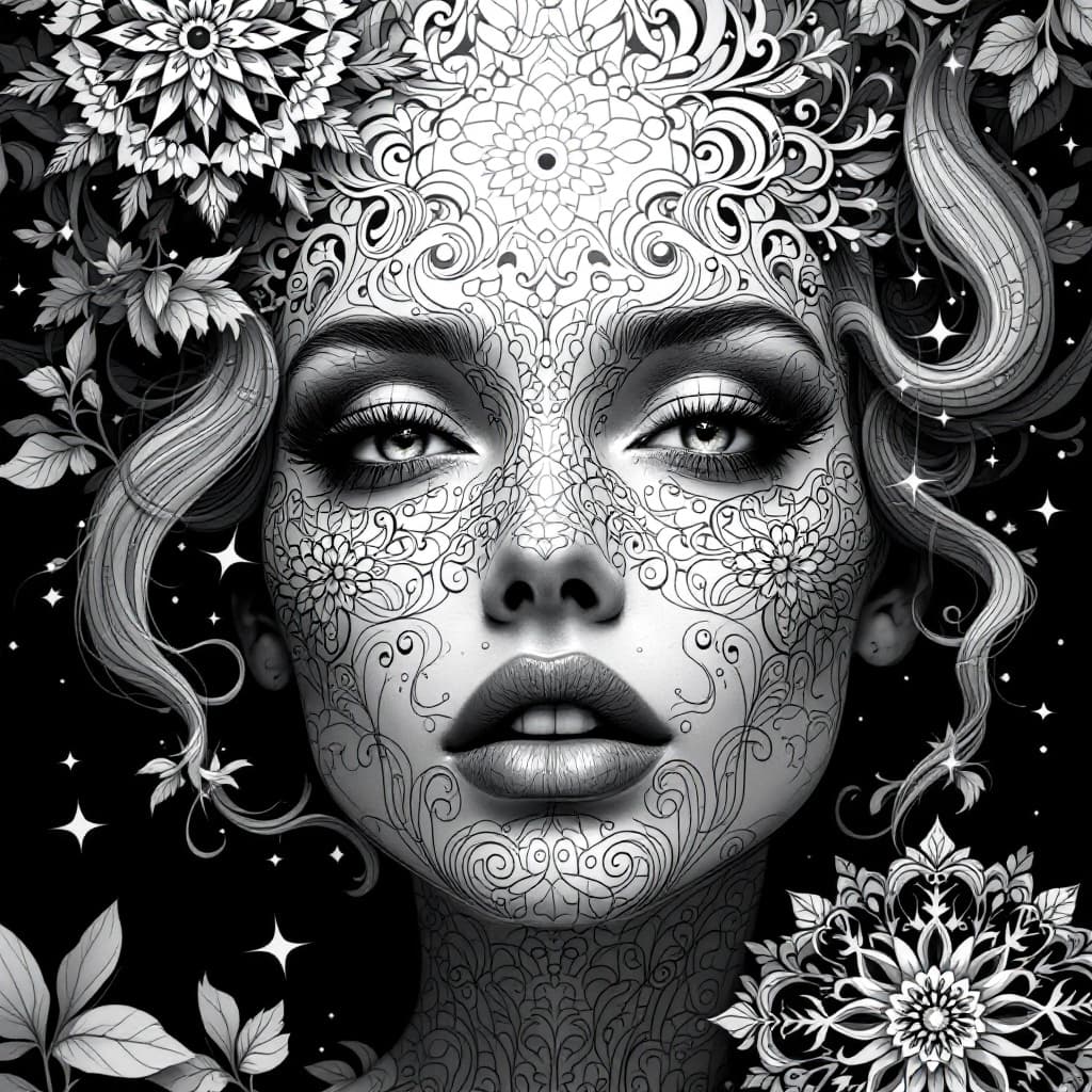 AI generated: Generate an imaginative and unique image, cinematic, fashion coloring book, mandala, no shadow, low ...