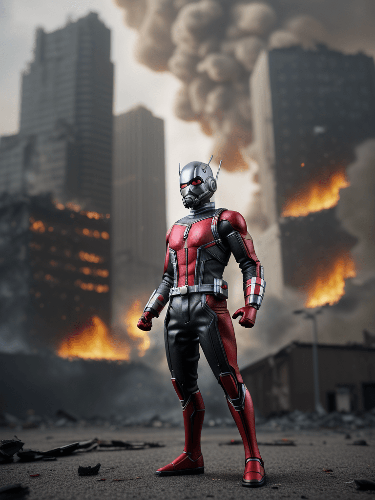 AI generated: Realism, toys photography, toys, Ant-Man, marvel, full body, full, background of destroyed city on f...