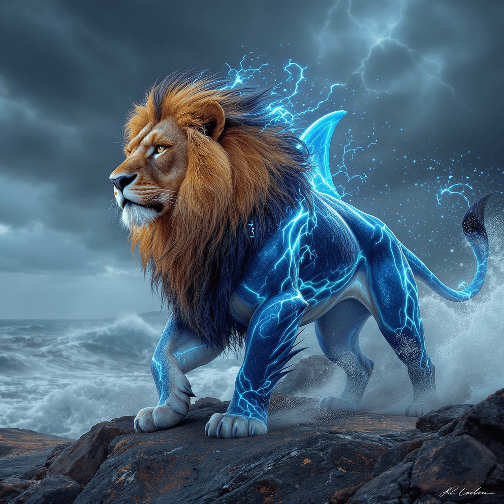 AI generated: A hyper-detailed, cinematic image of a hybrid creature with the powerful, majestic body of a lion fu...