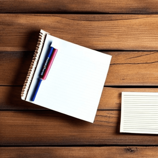 AI generated: open notepad with blank pages, crayon, on an old wooden floor

