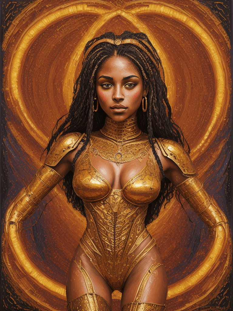 AI generated: intricately detailed illustration of Alliyah from "the Queen of the Damned" dressed in golden mechan...