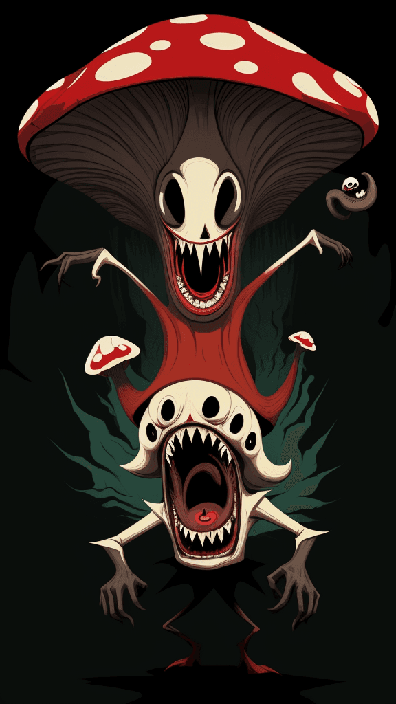 AI generated: vector horror art on the diverse background, a screaming crazy anthropomorphic evil mushroom with 's...