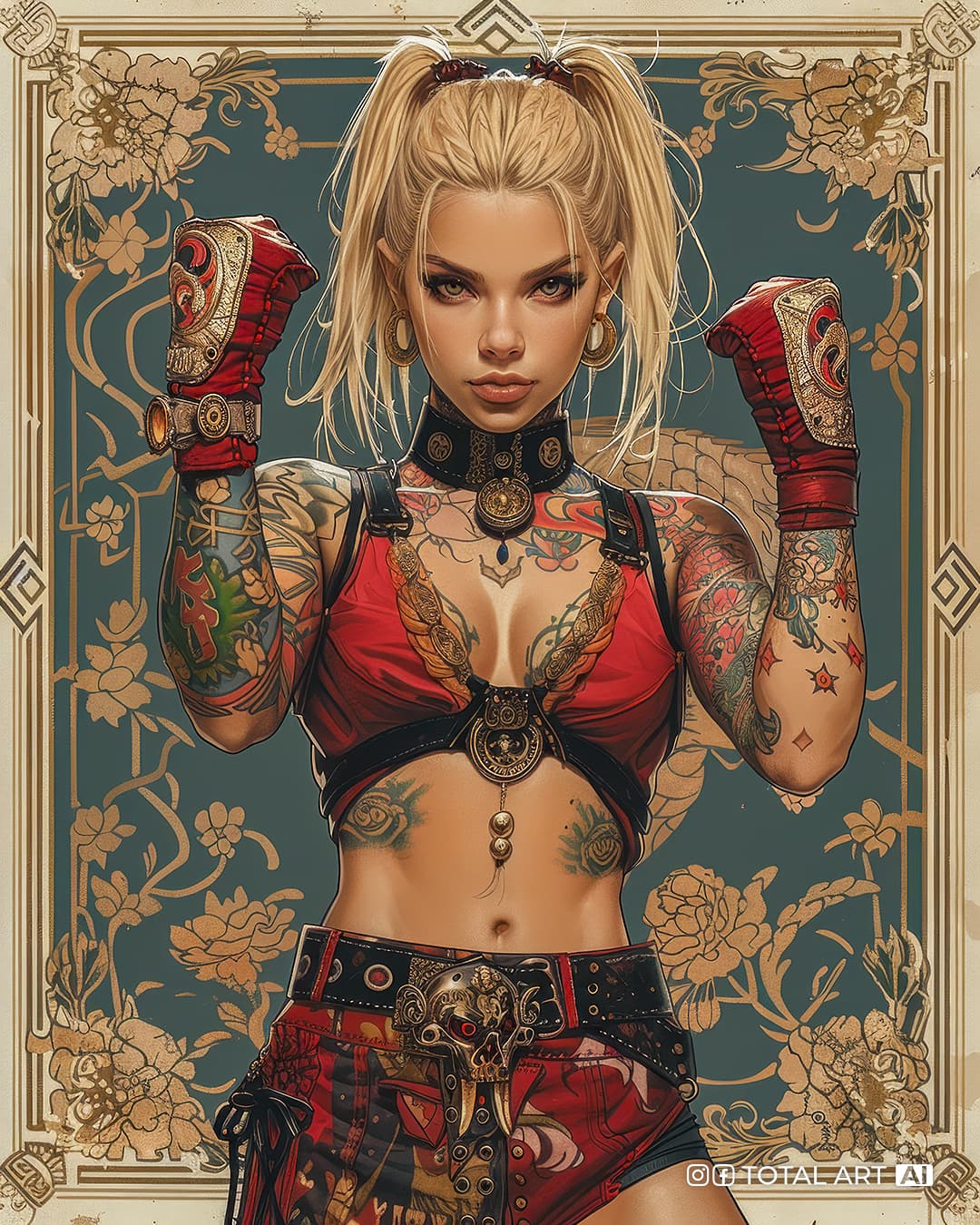 AI generated: Colorful Japanese vintage poster of a yakuza European face girl beauty model, full body action pose,...