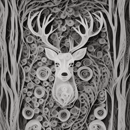 AI generated: paper quilling, paper cut art, paper illustration, deer in forest, one color, very detailed, 8k