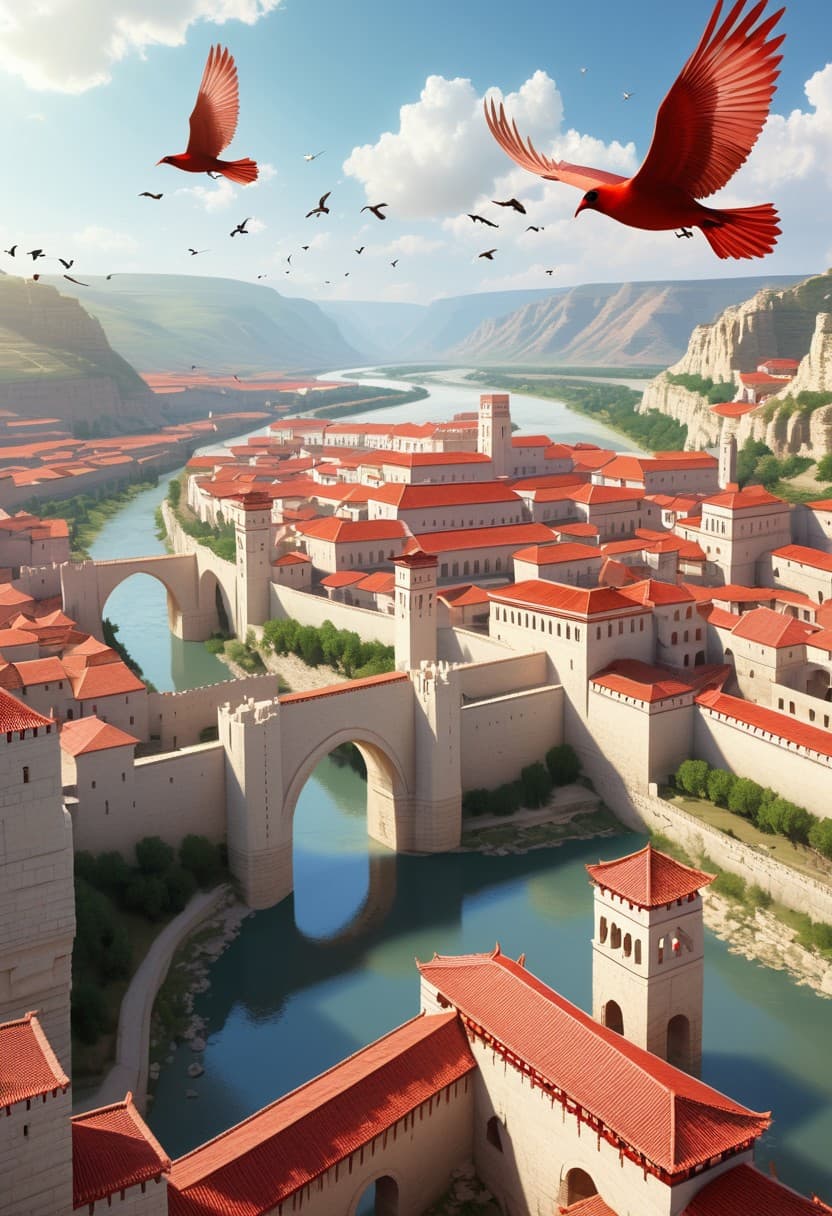 AI generated: An ancient city built on a plateau overlooking a wide river valley. The city is covered in white sto...