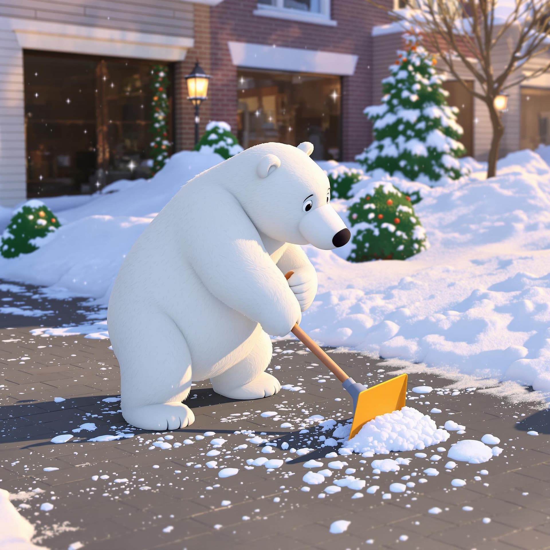 AI generated: 3d cartoon polar bear shovelling snow from driveways