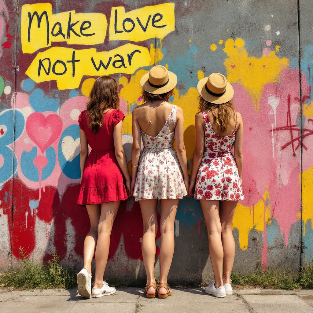 AI generated: Berliner Wall, ,3 woman protest in short summerdress ,"Make love, not war",coloured,paint grafitti o...