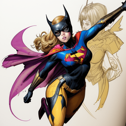 AI generated: a masterpiece, batgirl/supergirl from dc comic wearing alternate yellow costume, coy and alluring, f...