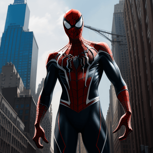 AI generated: venom suit spider man, New york street as background, ray traicing, High detail color photo, a profe...