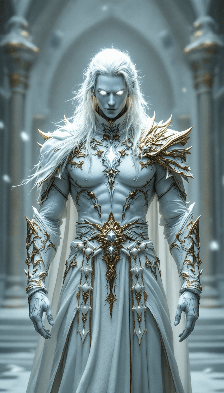 AI generated: all white, white final fantasy, male, mage, priest, white body skin, fantasy big white color full bo...