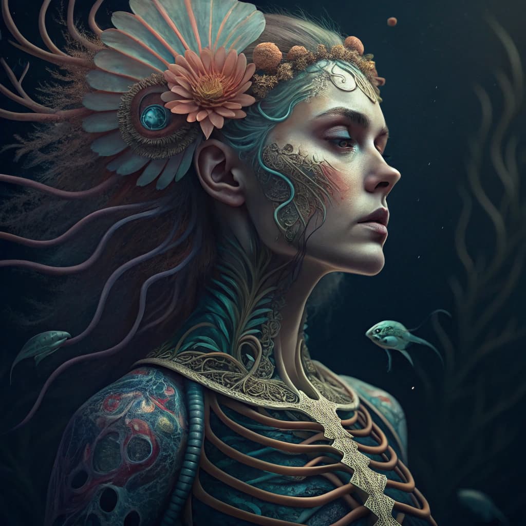 AI generated: Goddess close-up portrait ribcagel. jellyfish phoenix head, nautilus, orchid, skull, betta fish, bio...