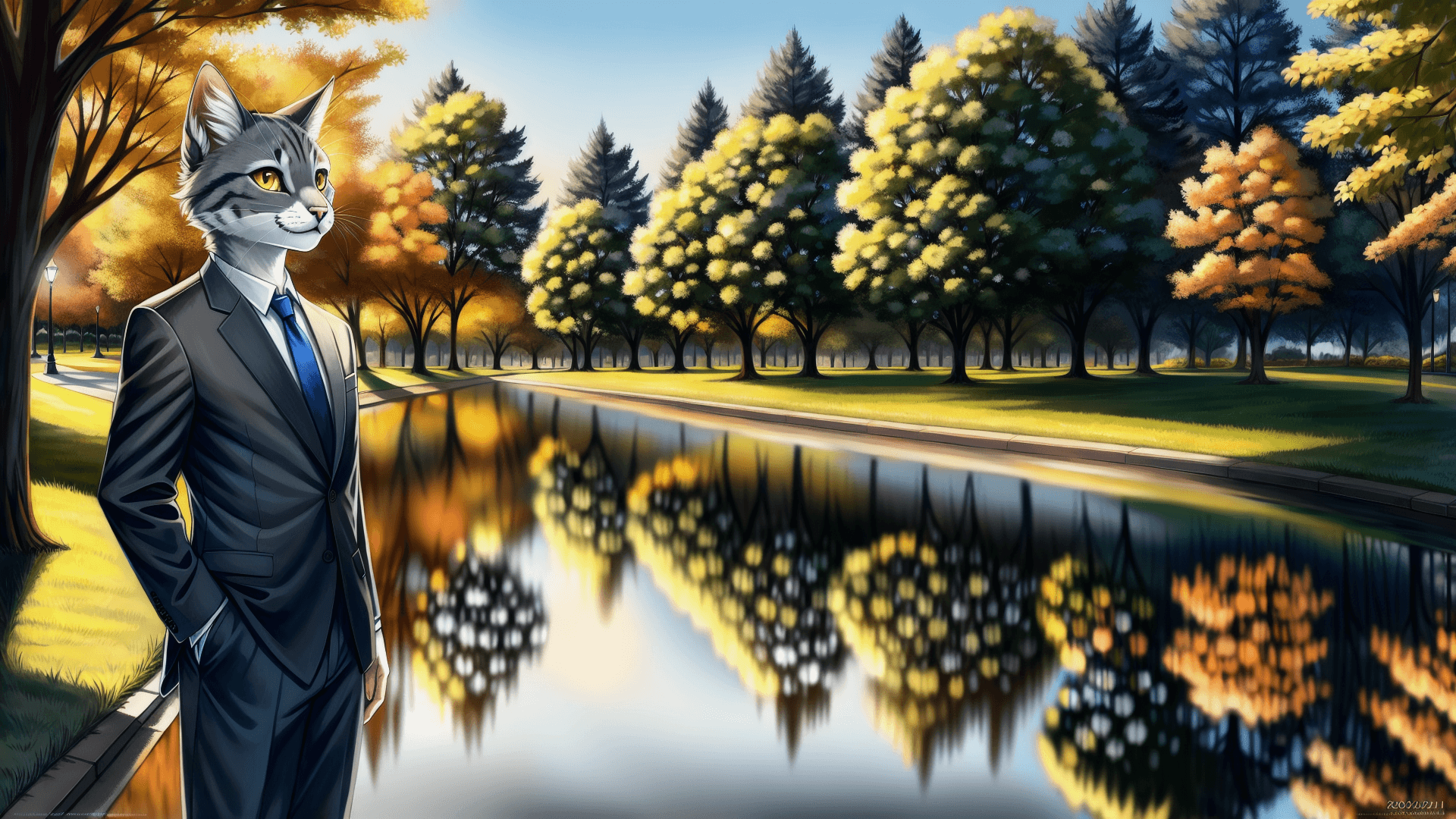 AI generated: furry art, uploaded on e621, furry, anthro, grey fur, grey skin, cat, 1boy, standing, park backgroun...