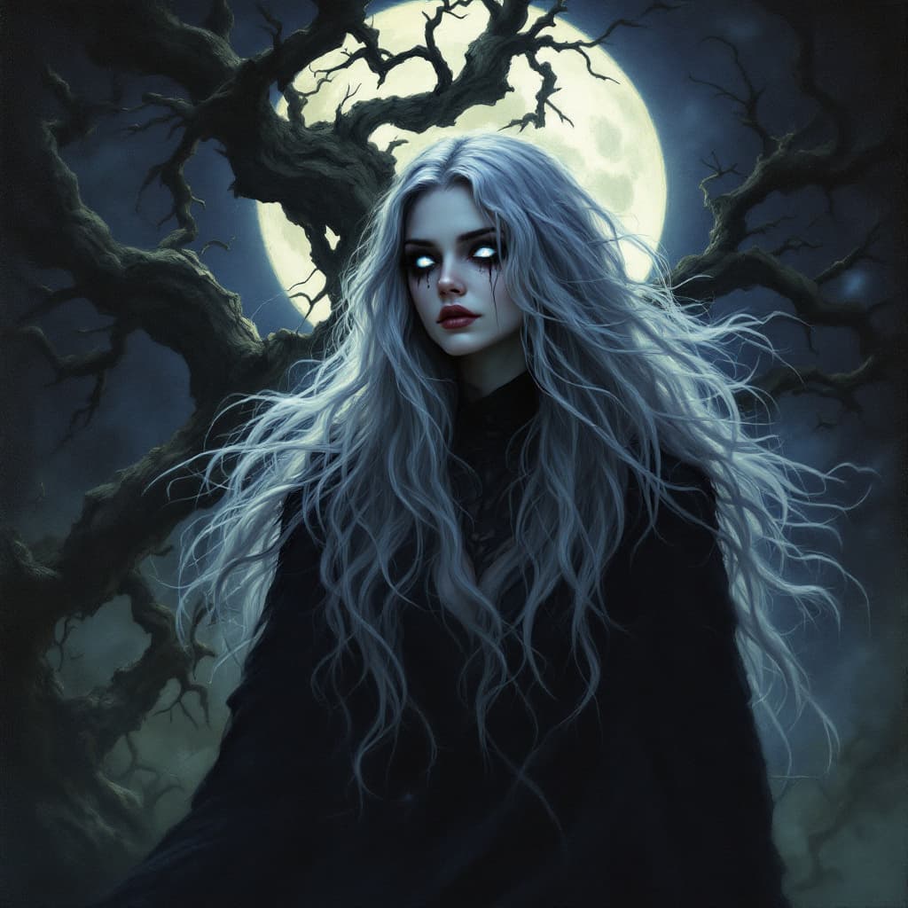 AI generated: A **hauntingly beautiful, painterly portrait** of a *witch**, standing beneath a **gnarled, ancient ...