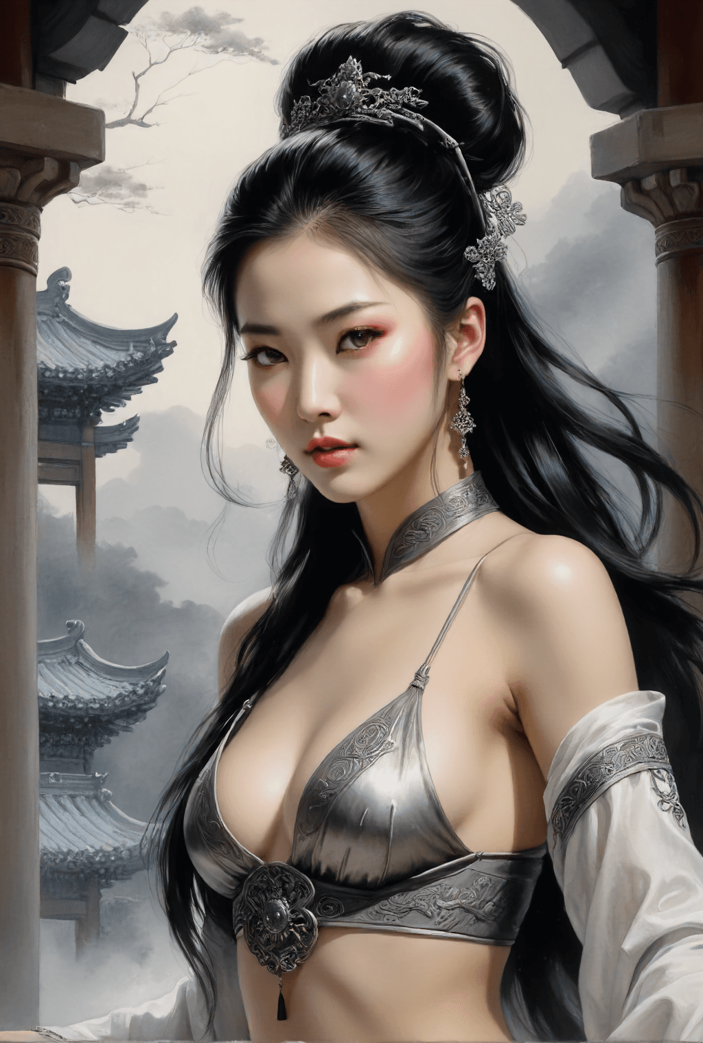 AI generated: sumi-e,traditional chinese ink art,of a beautiful korean goddess,in the style of luis royo,in the st...