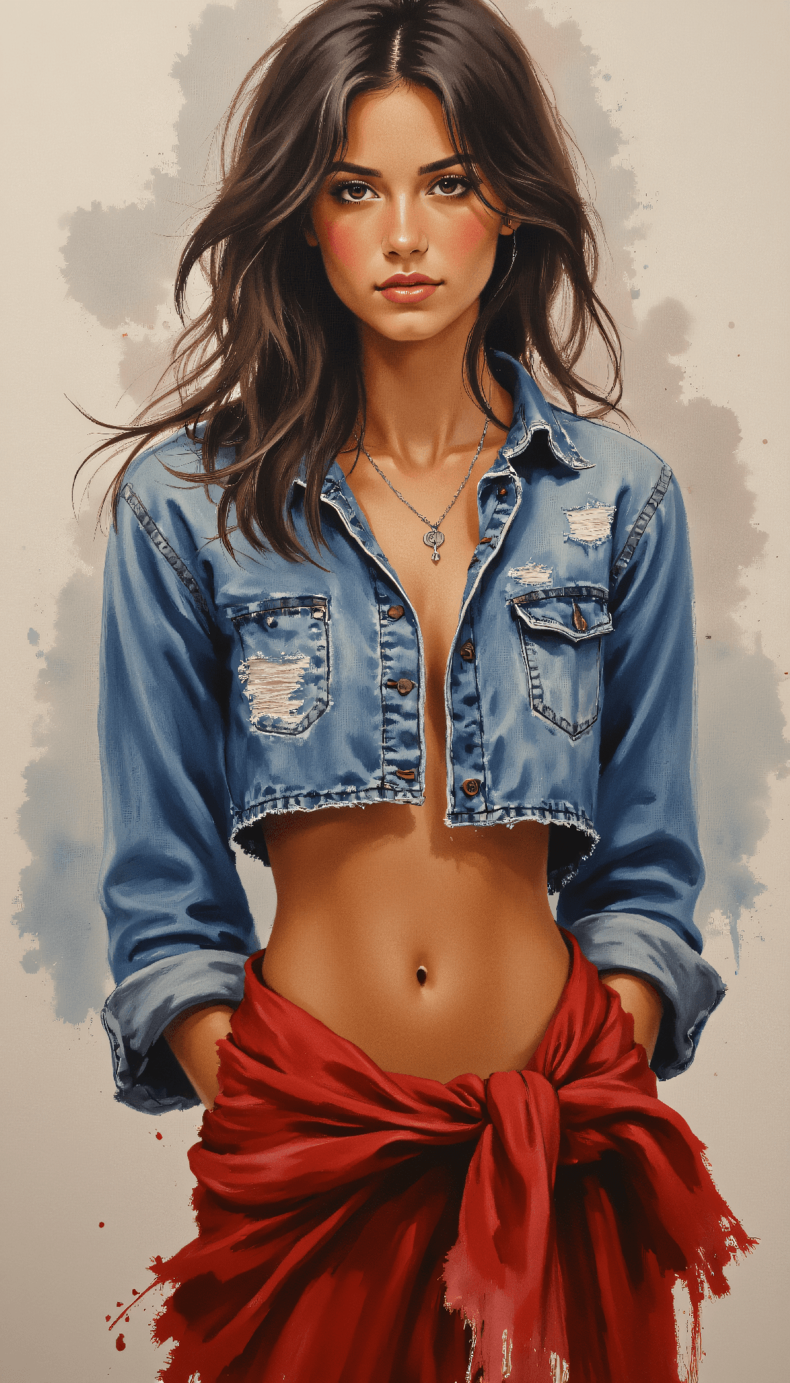 AI generated: Thick impasto portrait with palette knife technique of a female bodybuilder, wearing a distressed de...
