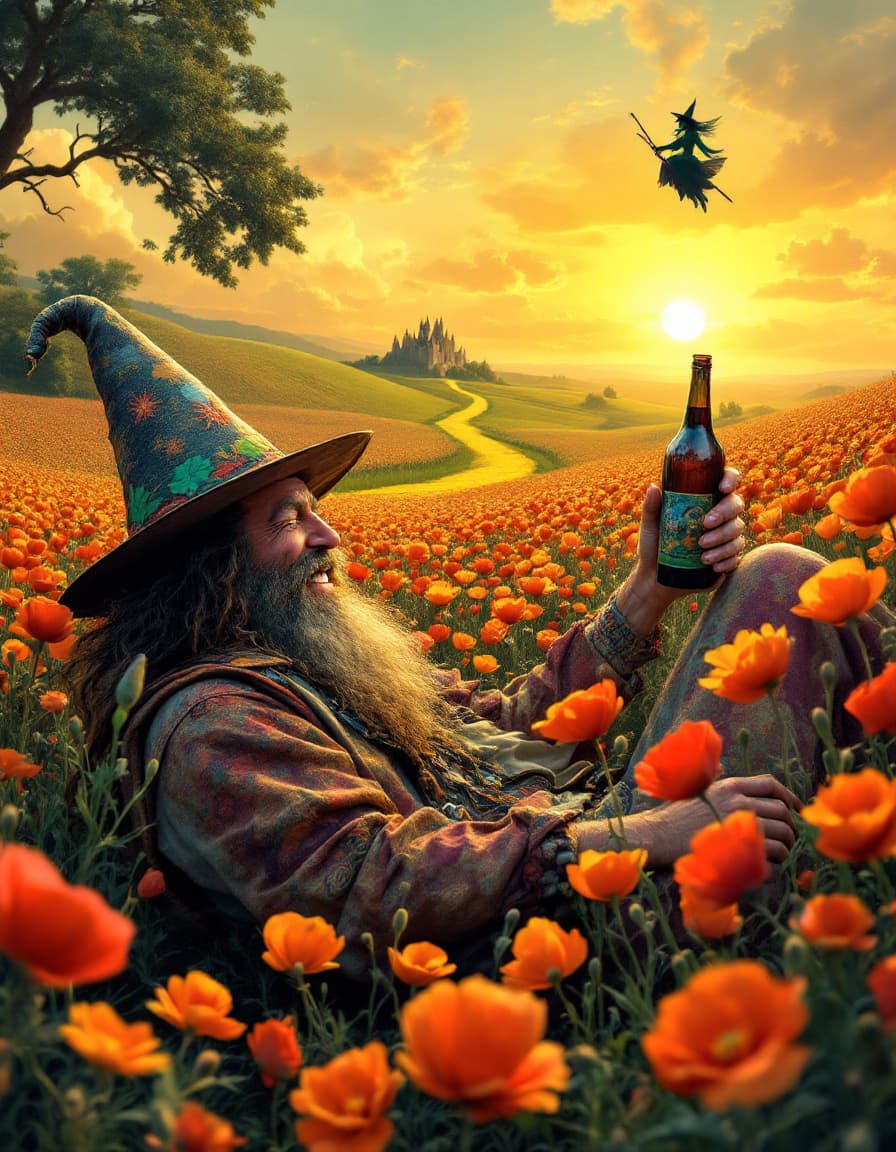 AI generated: a totally wasted  hippie with a dopey grin partly closed eyes is  in a field of poppies laying prone...