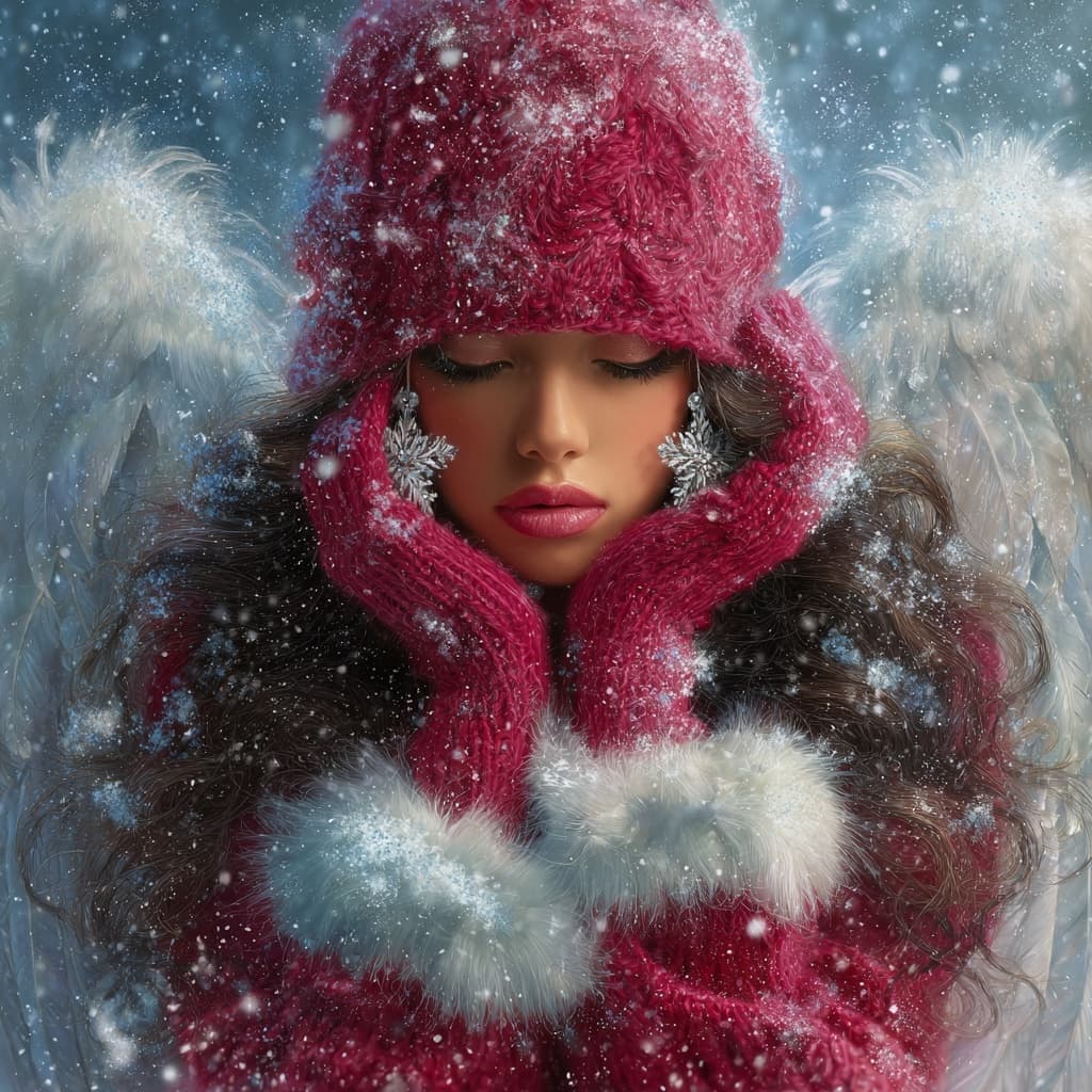 AI generated: a magical Christmas angel in a huge red knit hat dusted with snow, hiding her eyes, long dark wavy h...