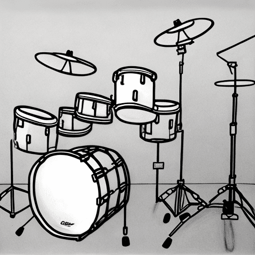 AI generated: drawing of a drum set,white color drawing,big drums and toms,cymbals normal size