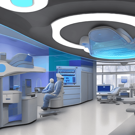 AI generated: Create a futuristic healthcare center illustration for Capio's vision for 2033. The scene should be ...
