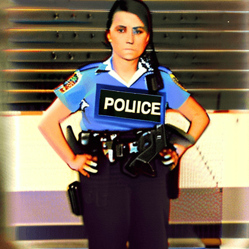 AI generated: A full-body image of a female police officer wearing a police uniform, with short black hair, holdin...
