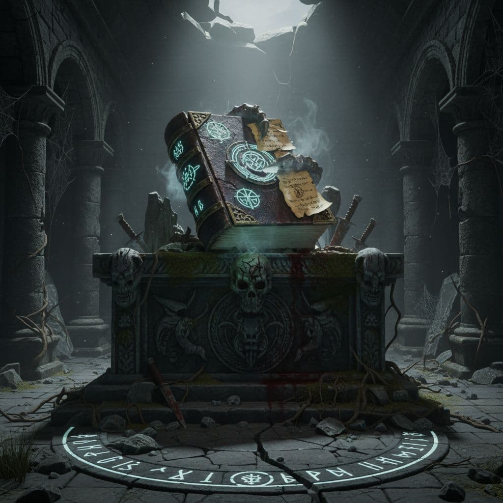 AI generated: A 3D render of an ancient, cursed book on an altar