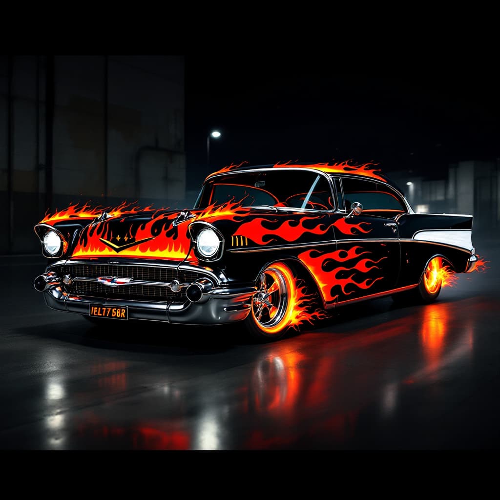 AI generated: A  black1957 Chevy Belair gasser with flames.