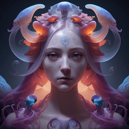 AI generated: Goddess close-up portrait ribcagel. jellyfish phoenix head, nautilus, orchid, skull, betta fish, bio...