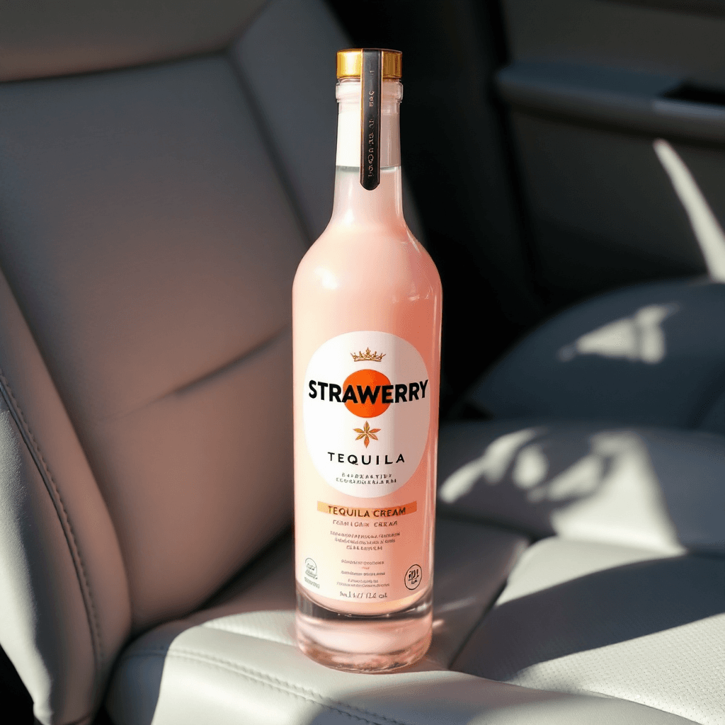 AI generated: A pink bottle of strawerry tequila cream in the frontseat of a car
