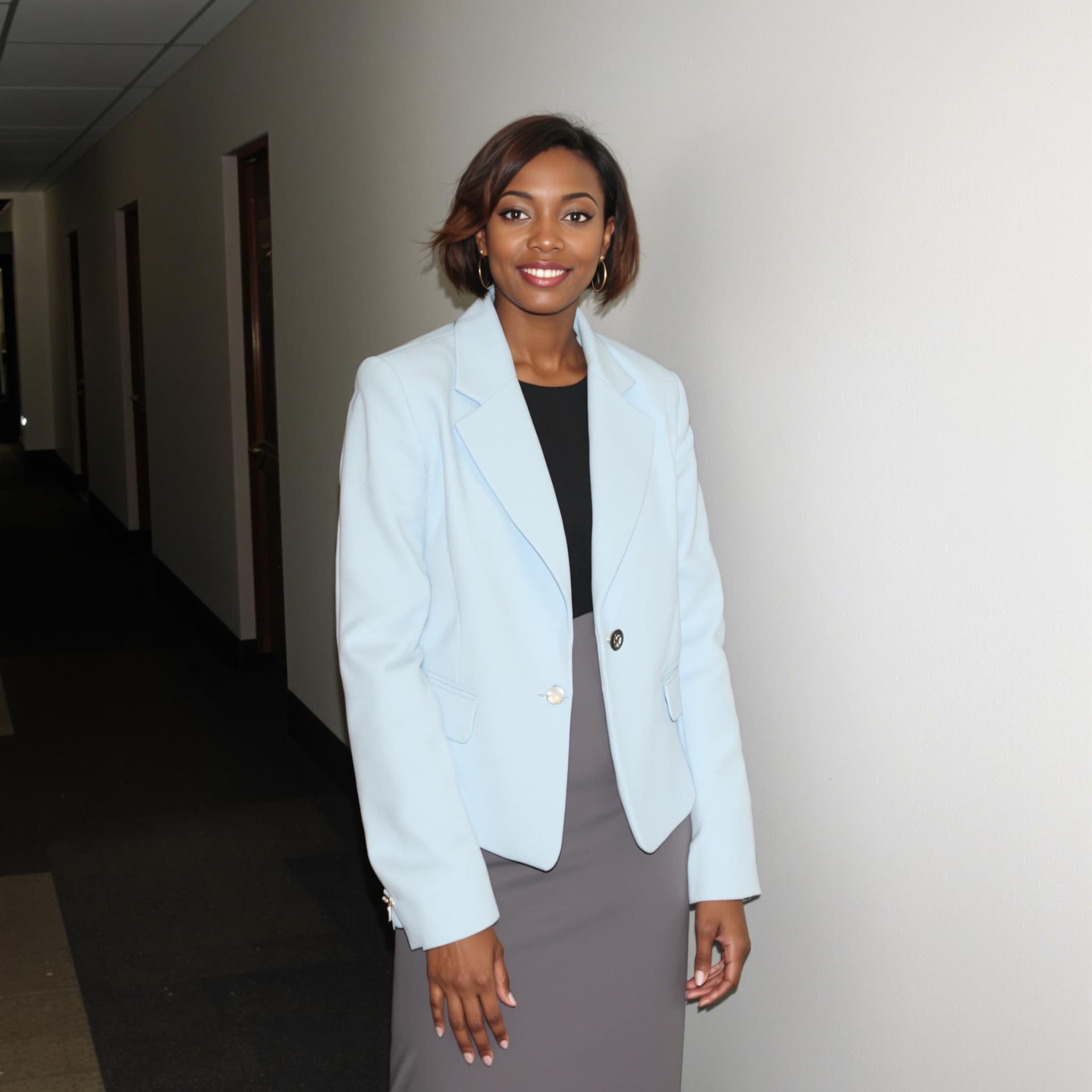 AI generated: woman stands in a hallway. She is dressed in a black top, a light blue blazer, and a skirt.  The bac...