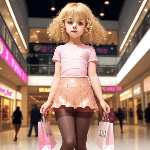 AI generated: cute little girl, blonde curly hairs, cute shirt, tight shirt, pink glossy pantyhose, warm lights, s...