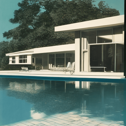 AI generated: Hyper realistic eye level exterior photo of a mid century modern style house overlooking the ocean, ...