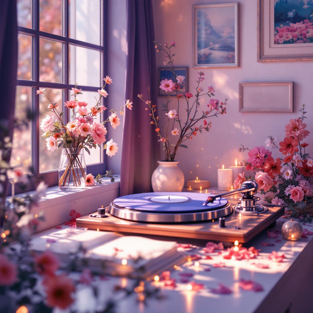 AI generated: turntable, light from window, flowers, pictures on the walls, gentle atmosphere