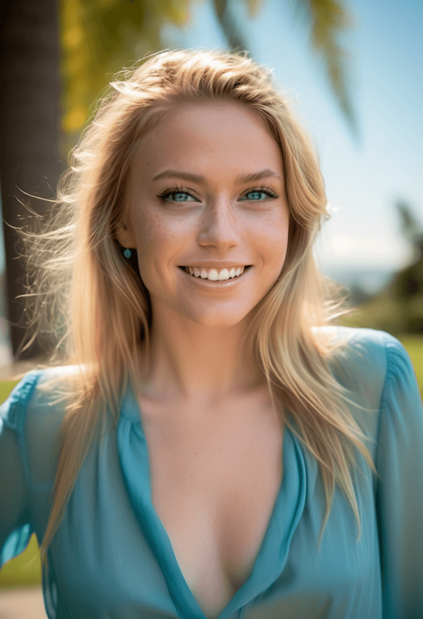 AI generated: This is a photograph of a woman staring at the viewer with light blue eyes and a big smile. Her long...