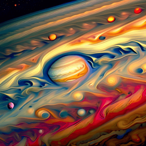 AI generated: A captured photo that captures the vivid colors and swirling storms of Jupiter, the largest planet i...